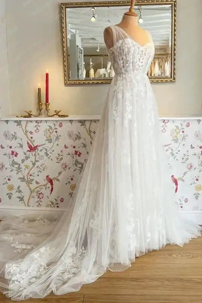 #LY9214 A Line V Neck Long Boho Lace Wedding Dress