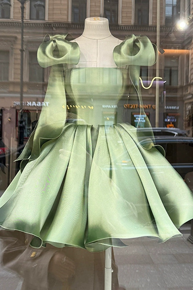 DZ9605 Sage Green Short Homecoming Dress With Bow Sash TANYA BRIDAL DZ9605 Sage Green Short Homecoming Dress With Bow Sash TANYA BRIDAL