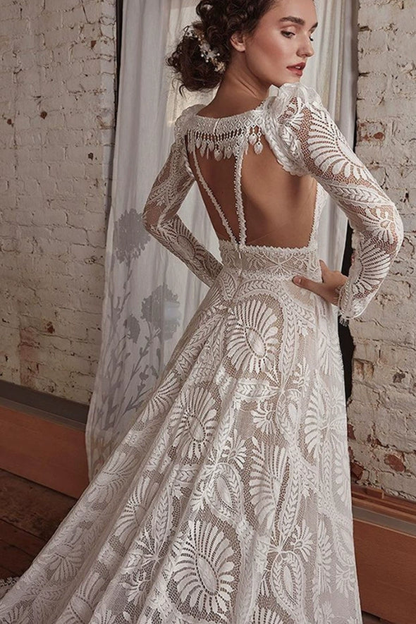 Luxury Boho Lace Wedding Dress Detachable Long Sleeve