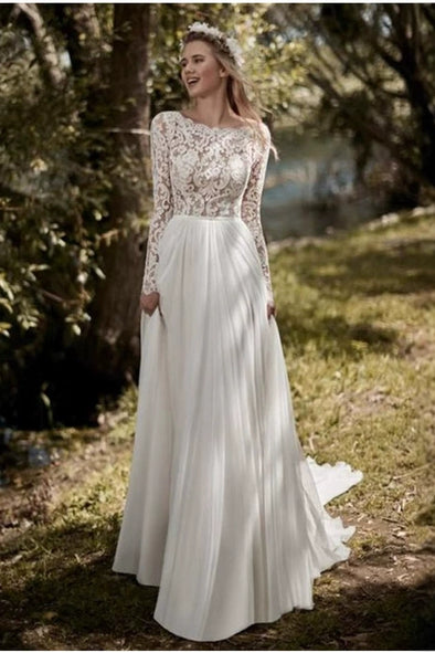 #LY9212 Boho Lace Sleeves Backless Long Chiffon Wedding Dress