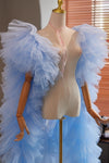 Light Sky Blue Plisse Tulle Cape Performance Runway Costumes Outfit