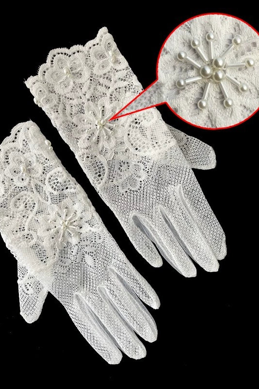 WG144 Elegant Lace Bridal Gloves Short Handmade Beads