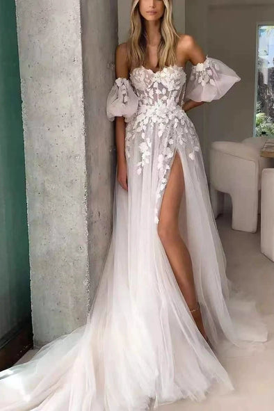 #LY9210 A Line Lace Flower Wedding Dress With Detachable Sleeves