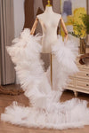 Off White Plisse Tulle Performance Cape Runway Costumes Outfit