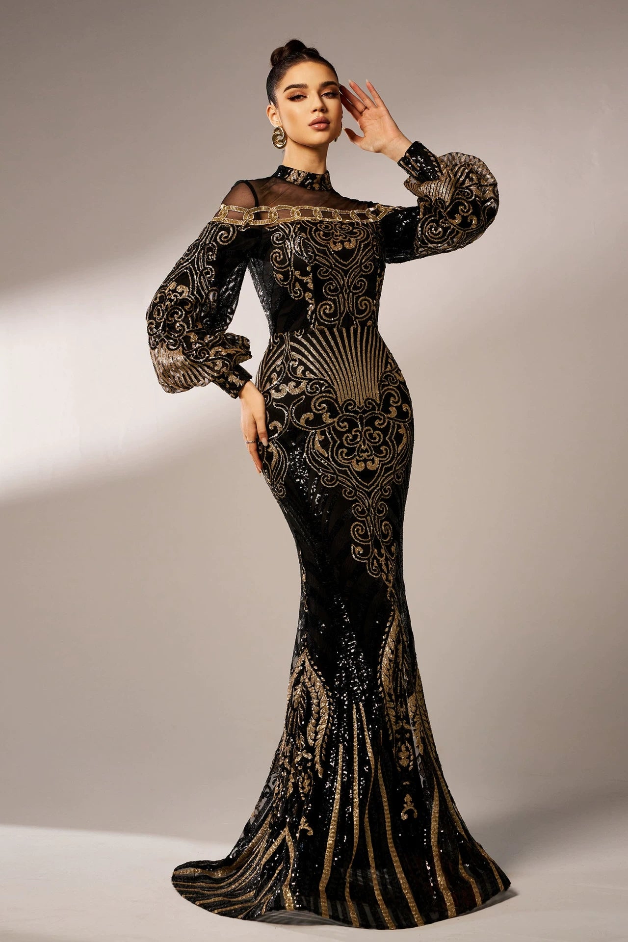 Black Gold Sequins Luxury Long Women Evening Gown TANYA BRIDAL Black Gold Sequins Luxury Long Women Evening Gown TANYA BRIDAL