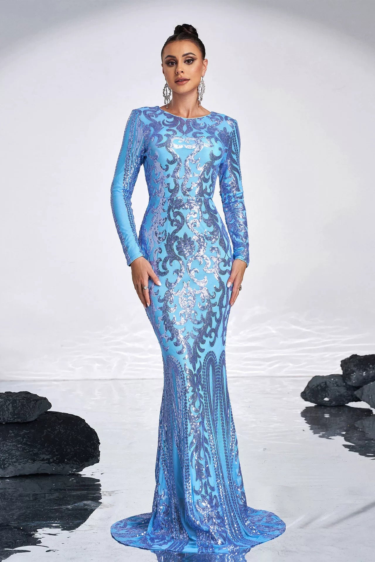long sleeve light blue sequin dress Sequin Flare Long Sleeve Dress in Light Blue