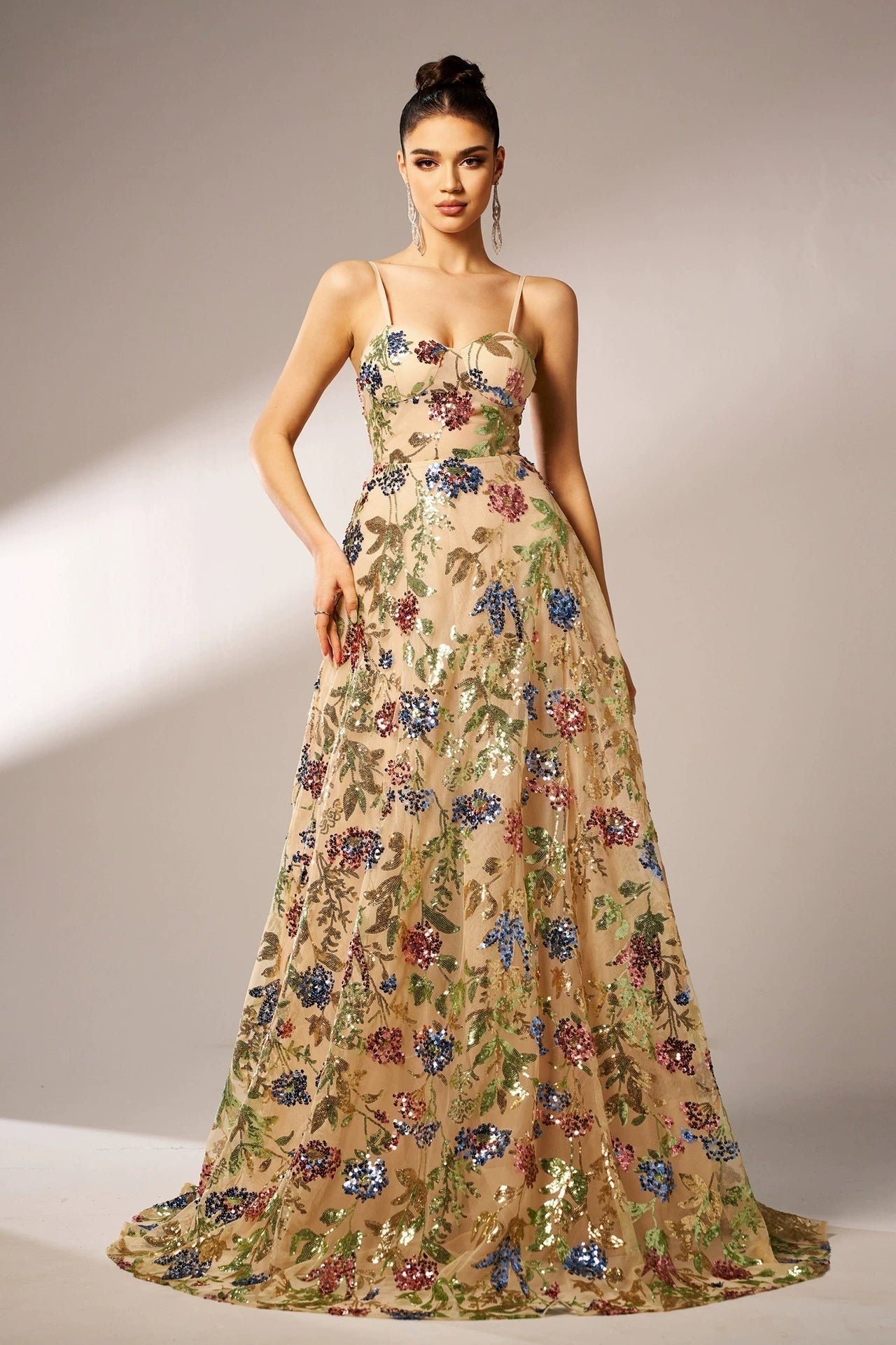 champange prom dresses Floral Lace Sequins Long Champagne Prom Dress – TANYA BRIDAL