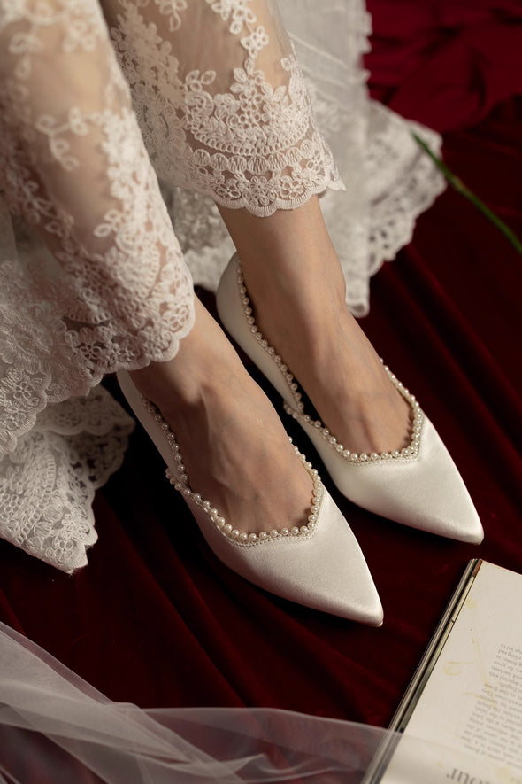 Silk Satin Pearl Wedding Shoes High Heel