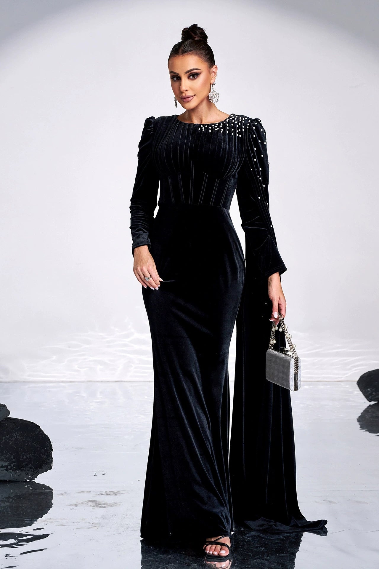Velvet Long Women Evening Dress With Pleated Beads TANYA BRIDAL Velvet Long Women Evening Dress With Pleated Beads TANYA BRIDAL