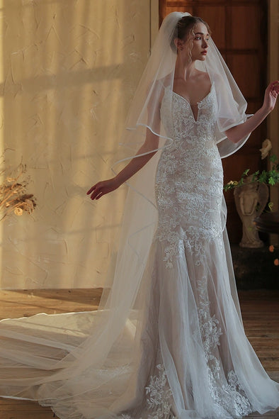 V395 long wedding dress, bride's veil, double-layer edging, 3 meters