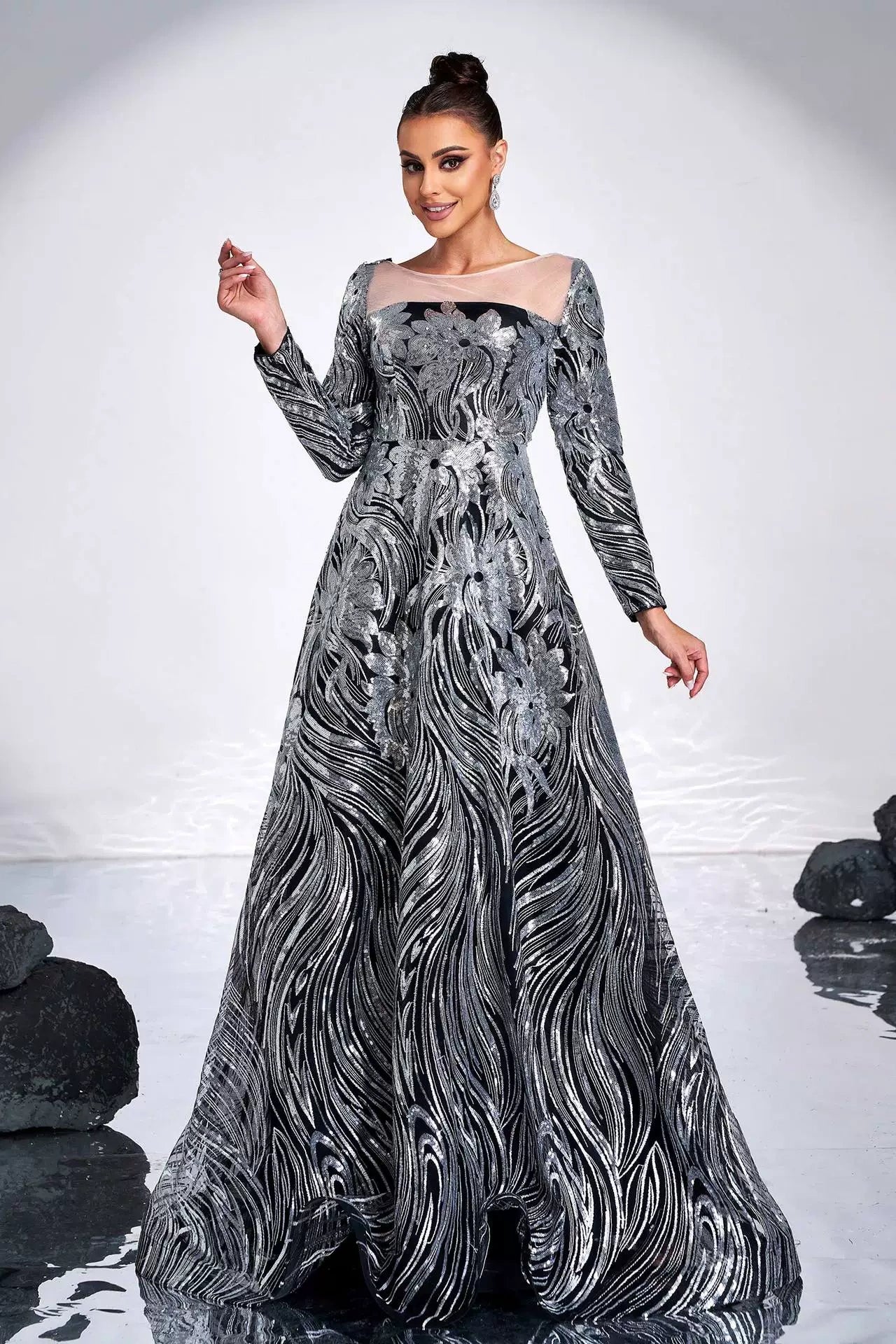 Long Sleeves Scoop Neck Silver Long Evening Dress TANYA BRIDAL Long Sleeves Scoop Neck Silver Long Evening Dress TANYA BRIDAL