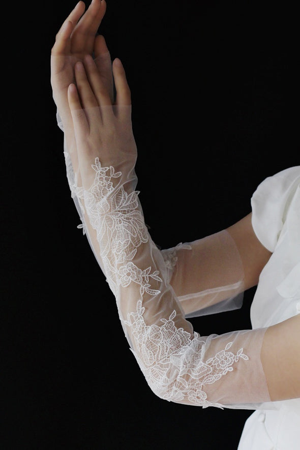 WG154 Long Soft Mesh Lace Bridal Arm Sleeves