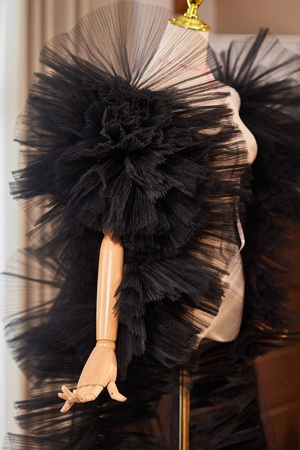 Black Plisse Tulle Cape Performance Runway Costumes Outfit