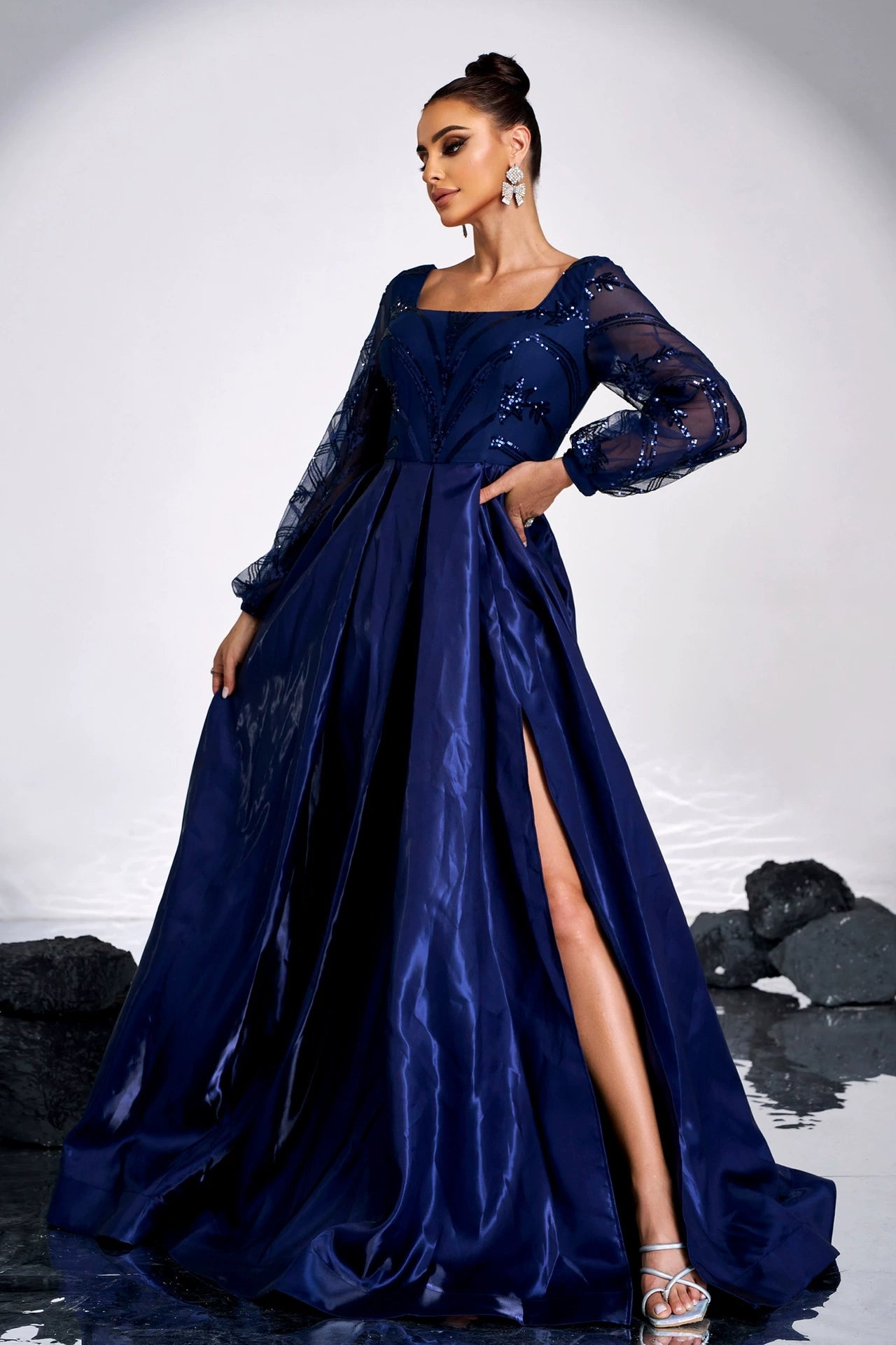 Navy Blue Square Neck Long Sleeves Sparkly Satin Evening Dress TANYA BRIDAL Navy Blue Square Neck Long Sleeves Sparkly Satin Evening Dress TANYA BRIDAL