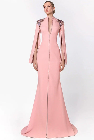#DZ9380 Pearl Pink Long Sleeves Evening Dress With Crystal