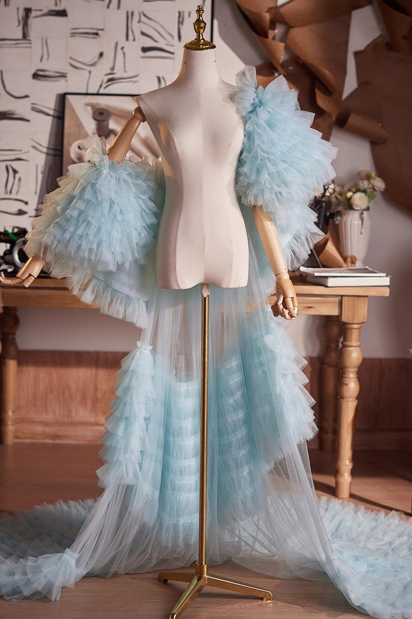 Baby Blue Tulle Performance Cape Luxury Runway Costumes Outfit
