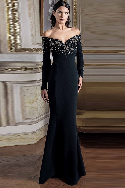 long dress with beads Chic and Holland Formal Dresses Samira Long Sleeve Beaded Dress