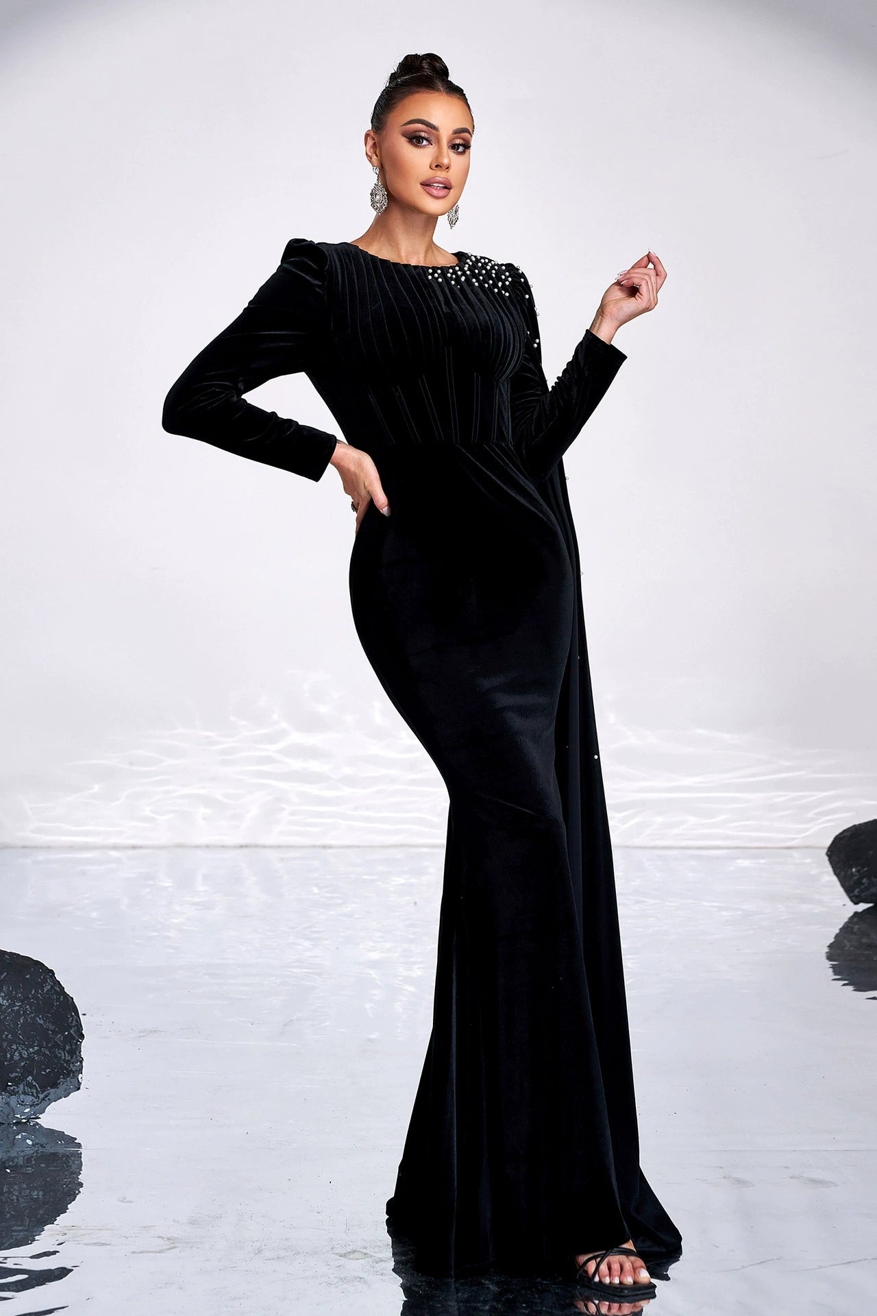 women velvet dress Velvet Long Women Evening Dress With Pleated Beads – TANYA BRIDAL