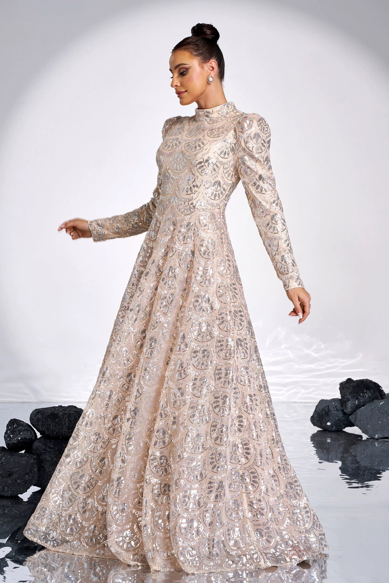 Champagne Long Evening Dress With Silver Sequins Lady Gown TANYA BRIDAL Champagne Long Evening Dress With Silver Sequins Lady Gown TANYA BRIDAL