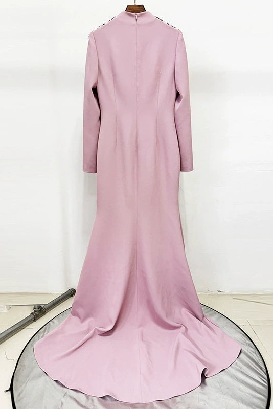 #DZ9380 Pearl Pink Long Sleeves Evening Dress With Crystal