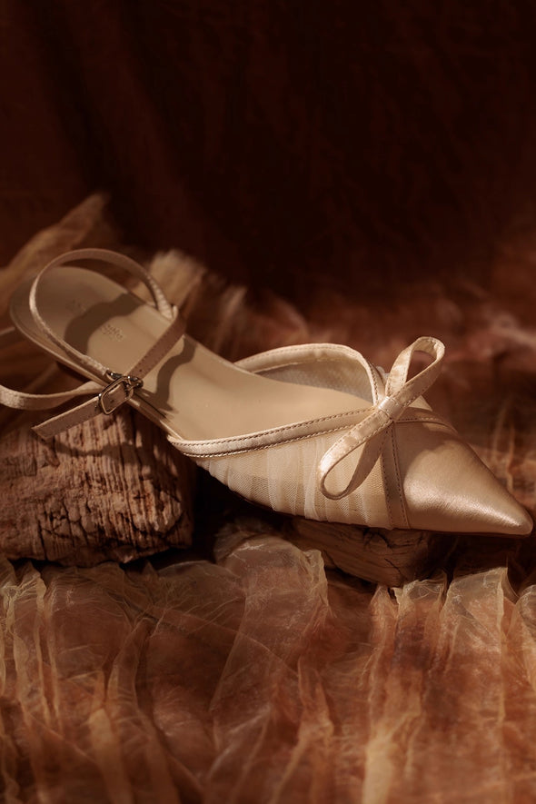 Champagne Mesh Pleated Bow Wedding Shoes