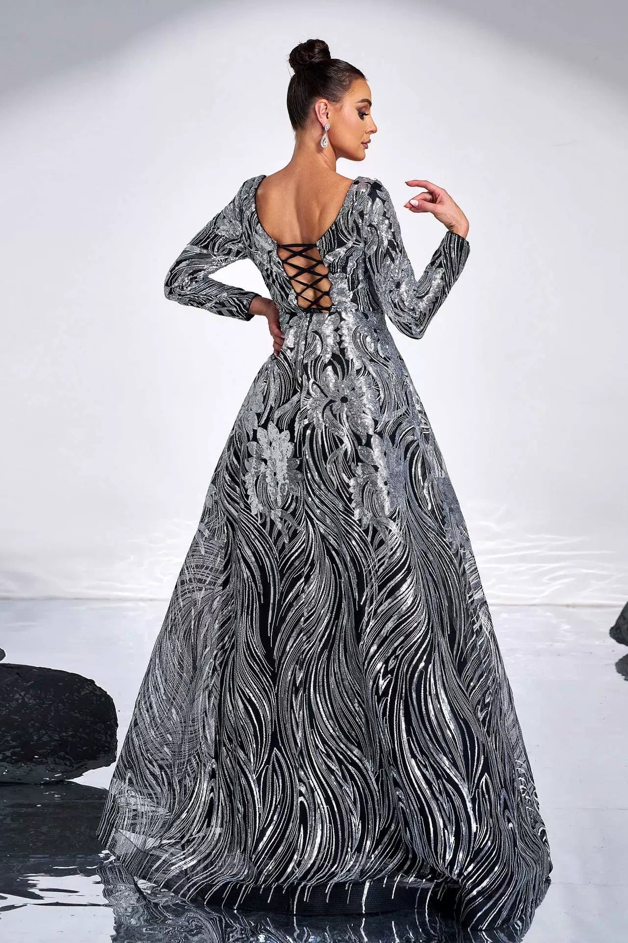Long Sleeves Scoop Neck Silver Long Evening Dress TANYA BRIDAL Long Sleeves Scoop Neck Silver Long Evening Dress TANYA BRIDAL