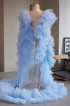 Light Sky Blue Plisse Tulle Cape Performance Runway Costumes Outfit