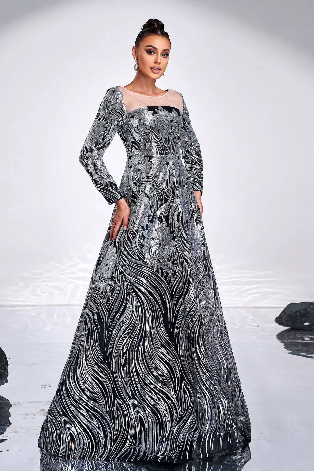 Long Sleeves Scoop Neck Silver Long Evening Dress – TANYA BRIDAL Long Sleeves Scoop Neck Silver Long Evening Dress – TANYA BRIDAL
