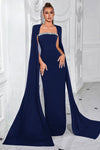 Navy Blue Long Mermaid Evening Dress With Cape