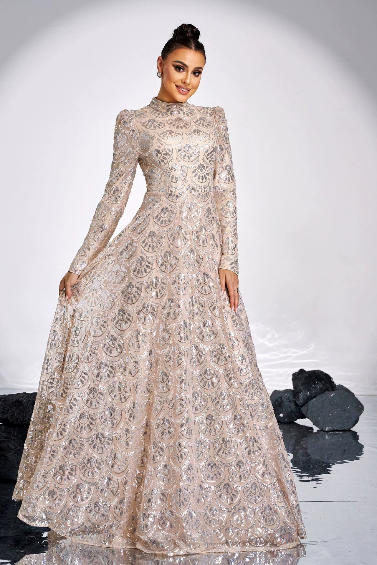 Champagne Long Evening Dress With Silver Sequins Lady Gown TANYA BRIDAL Champagne Long Evening Dress With Silver Sequins Lady Gown TANYA BRIDAL