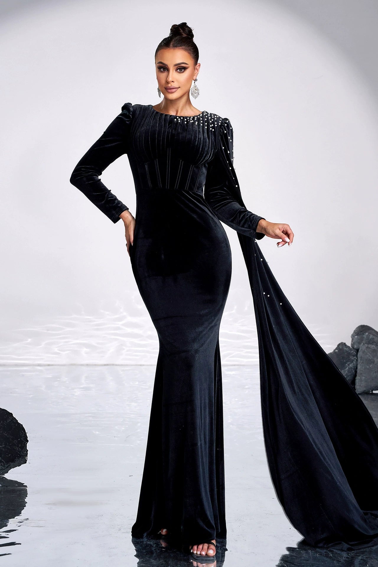 Velvet Long Women Evening Dress With Pleated Beads TANYA BRIDAL Velvet Long Women Evening Dress With Pleated Beads TANYA BRIDAL