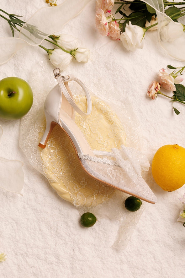 Lace Bow Embroidery High Heels Fairy Wedding Shoes