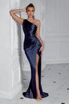 One Shoulder Navy Blue Long Mermaid Evening Dress