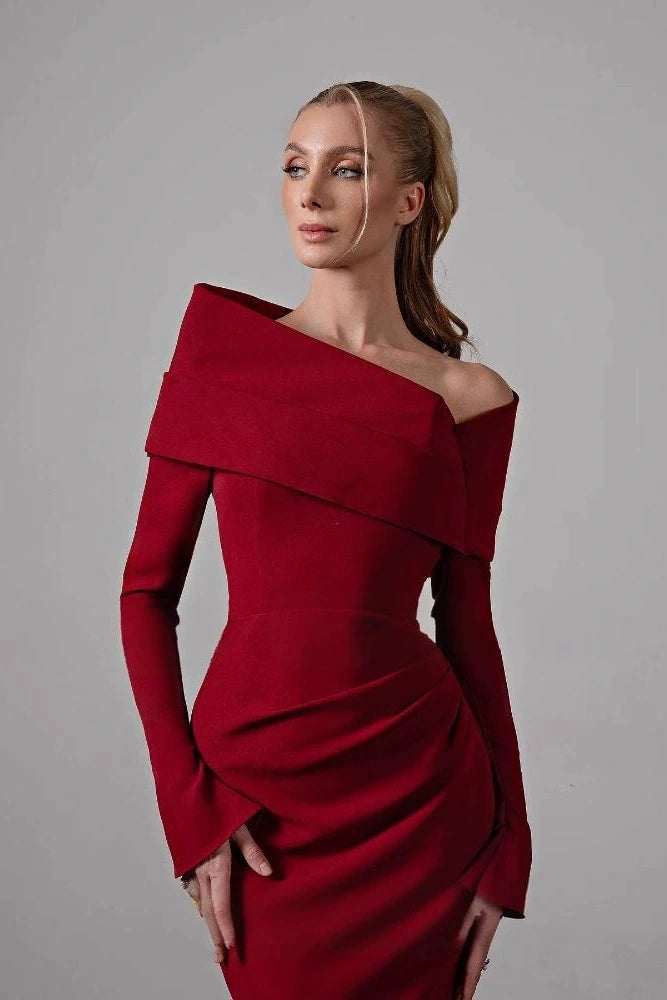 DZ9516 One Shoulder Sheath Long Sleeves Burgundy Evening Dress TANYA BRIDAL DZ9516 One Shoulder Sheath Long Sleeves Burgundy Evening Dress TANYA BRIDAL
