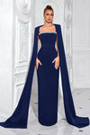 Navy Blue Long Mermaid Evening Dress With Cape
