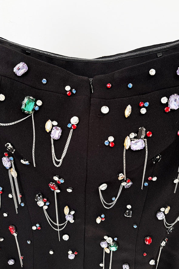 #DZ9393 Black Evening Dress With Colorful Beadings Boat Neck