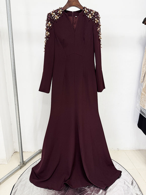 #DZ9396 Hand Beads Long Evening Dress Full Sleeves