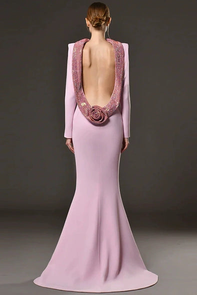 #DZ9386 Lavender Long Sleeves Backless Evening Dress