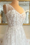 #LY9214 A Line V Neck Long Boho Lace Wedding Dress