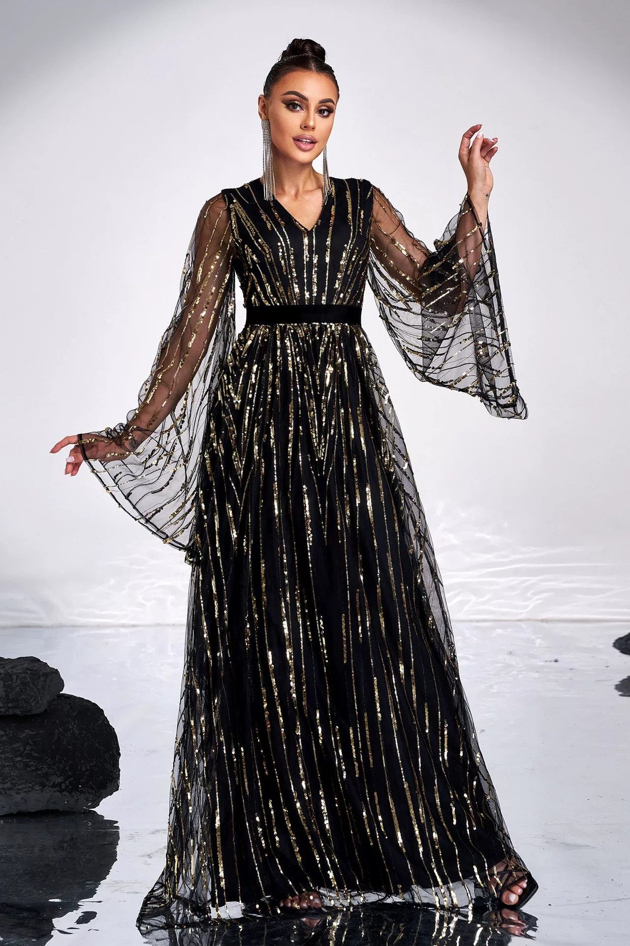 V Neck Black Evening Dress With Gold Sequins Flare Sleeves TANYA BRIDAL V Neck Black Evening Dress With Gold Sequins Flare Sleeves TANYA BRIDAL