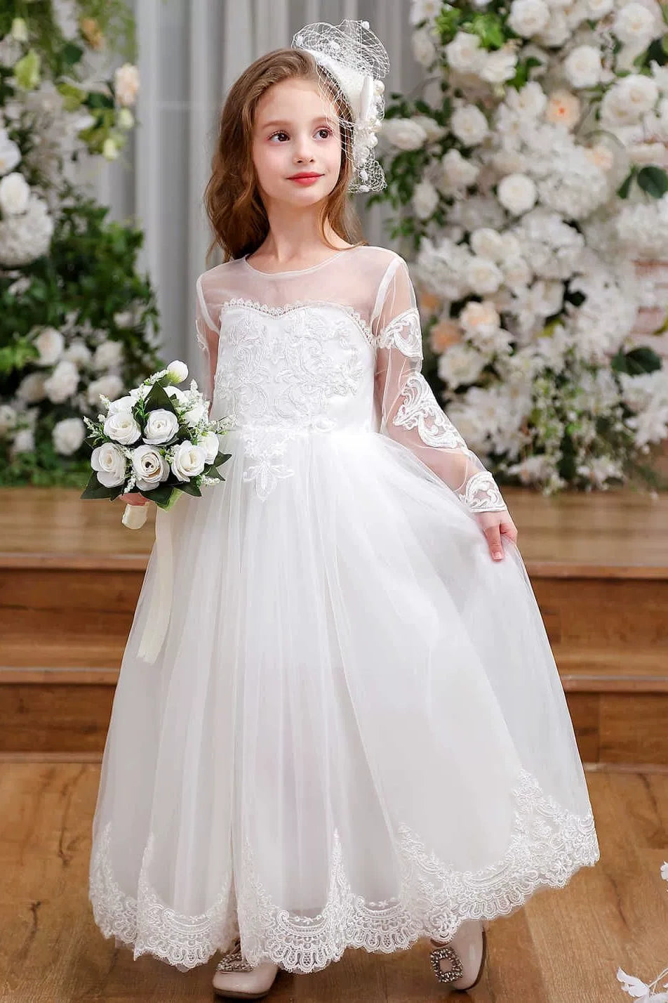 #DZ9449 Long Sleeves A Line Flower Girl Dress With Lace Appliques - #DZ9449 Long Sleeves A Line Flower Girl Dress With Lace Appliques -