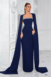 Navy Blue Long Mermaid Evening Dress With Cape