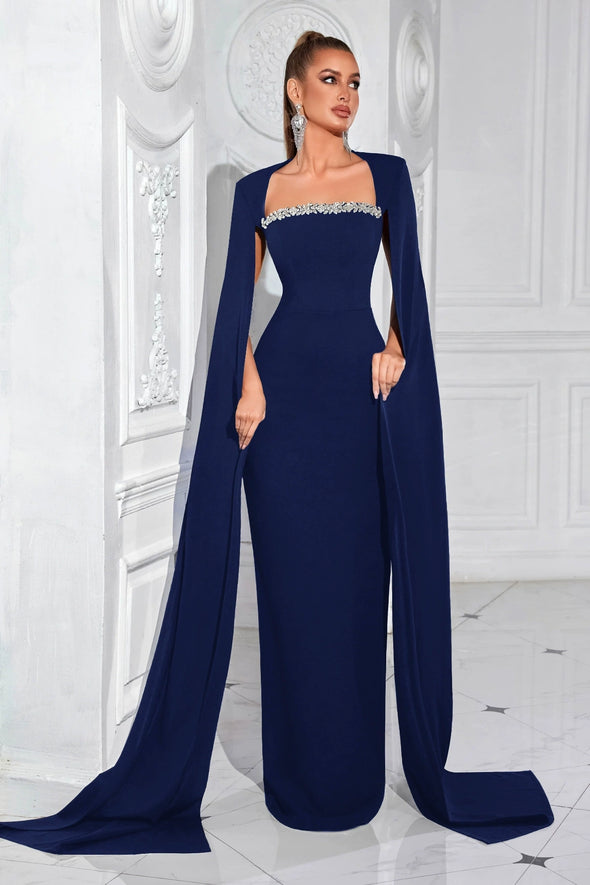 Navy Blue Long Mermaid Evening Dress With Cape