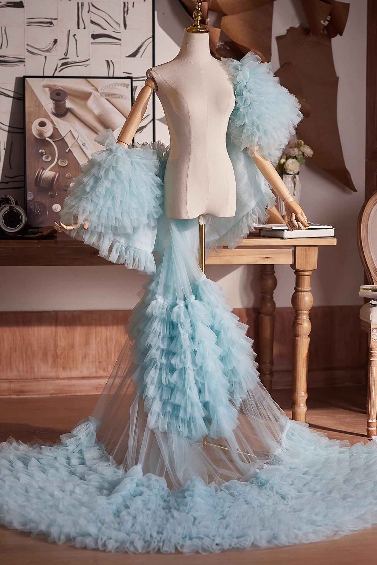Baby Blue Tulle Performance Cape Luxury Runway Costumes Outfit TANYA BRIDAL Baby Blue Tulle Performance Cape Luxury Runway Costumes Outfit TANYA BRIDAL