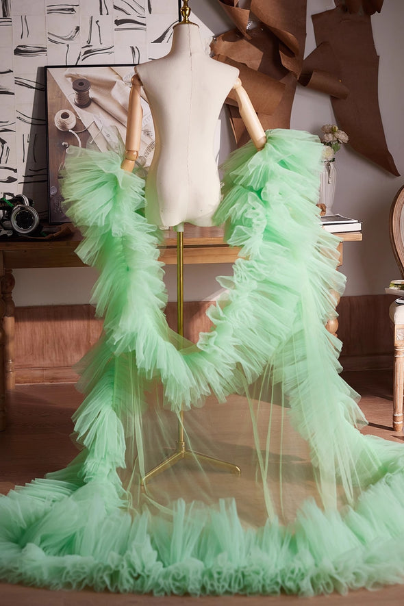 Fresh Sage Green Plisse Tulle Performance Cape Runway Costumes Outfit