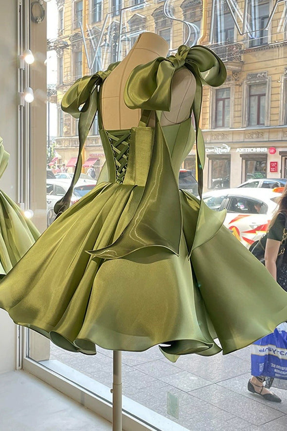DZ9605 Sage Green Short Homecoming Dress With Bow Sash – TANYA BRIDAL