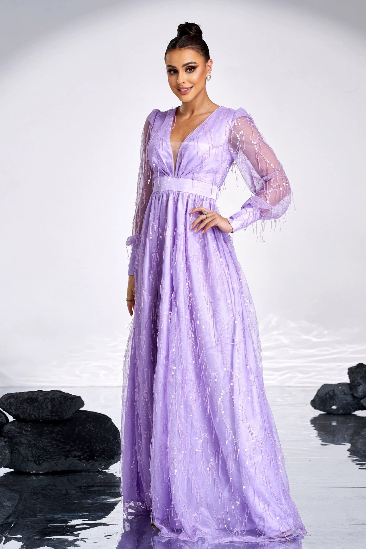 Lavender Long Sleeves V-neck Prom Dress – TANYA BRIDAL Lavender Long Sleeves V-neck Prom Dress – TANYA BRIDAL
