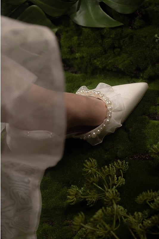 Silk Satin Wedding Shoes High Heel With Pearls