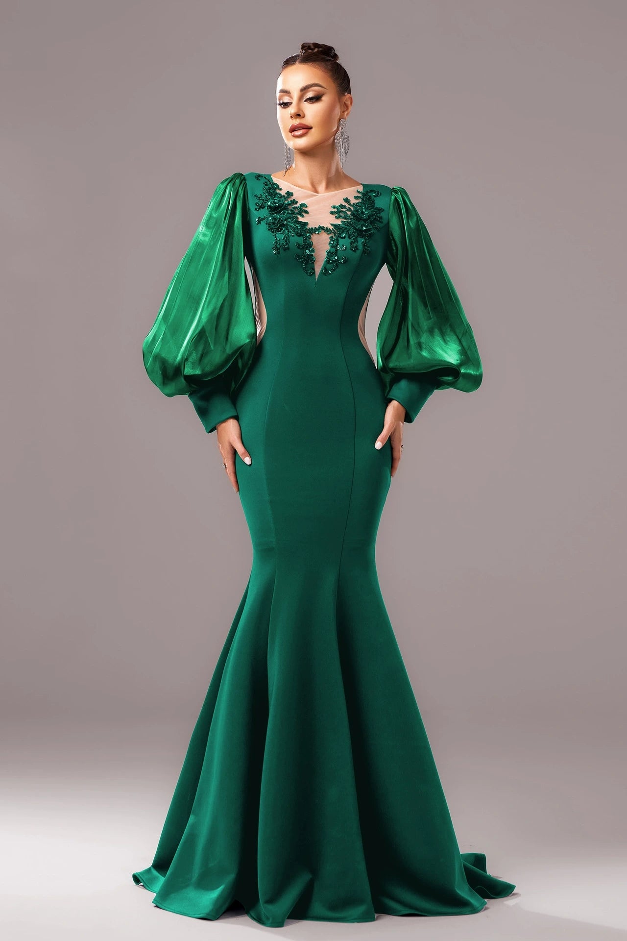 V Neck Mermaid Long Sleeves Elegant Evening Dress TANYA BRIDAL V Neck Mermaid Long Sleeves Elegant Evening Dress TANYA BRIDAL
