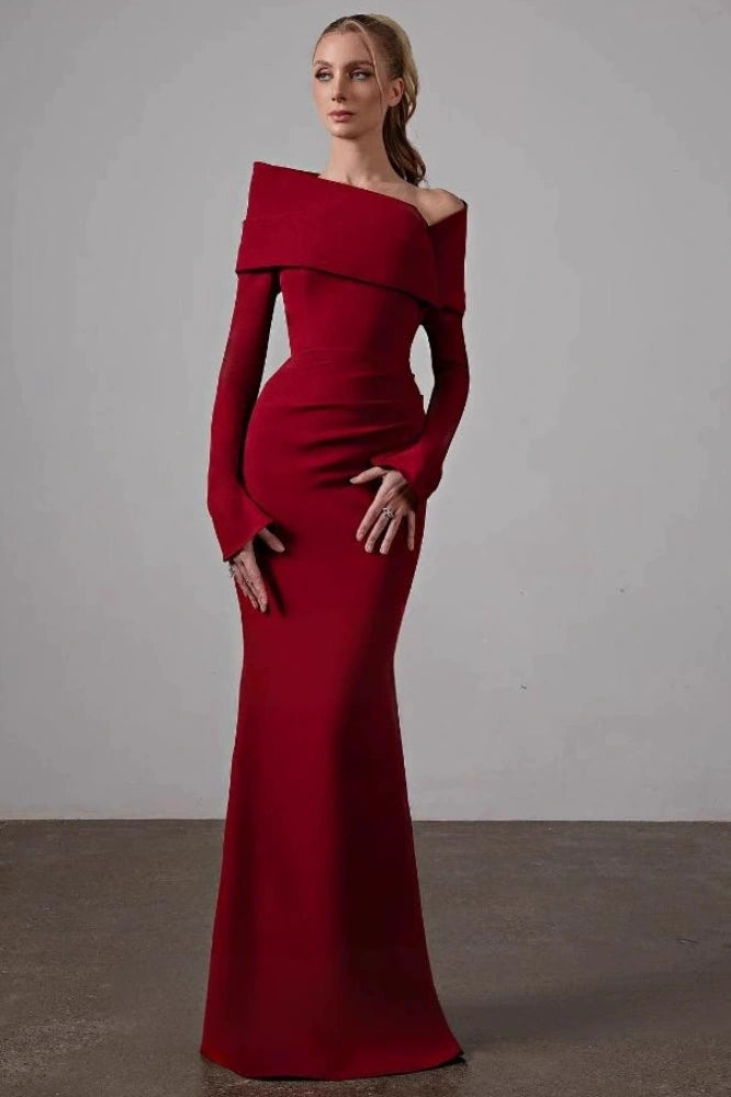 DZ9516 One Shoulder Sheath Long Sleeves Burgundy Evening Dress TANYA BRIDAL DZ9516 One Shoulder Sheath Long Sleeves Burgundy Evening Dress TANYA BRIDAL